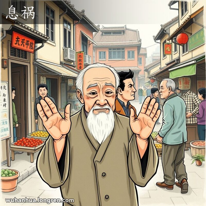 一位老者在武汉老街市场前劝架，背景是两个年轻人在争吵，体现“息祸”的含义