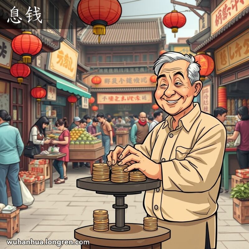 一位中年男子在武汉街市摊位前数着利钱，背景是热闹的市场场景