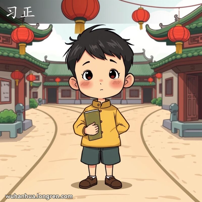 一位武汉小学生站在十字路口，手持书本，准备选择正确的道路，背景是传统中国建筑
