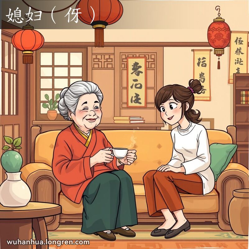 一位婆婆坐在沙发上，手持茶杯，微笑着与媳妇聊天，背景是传统中国装饰的温馨家庭场景