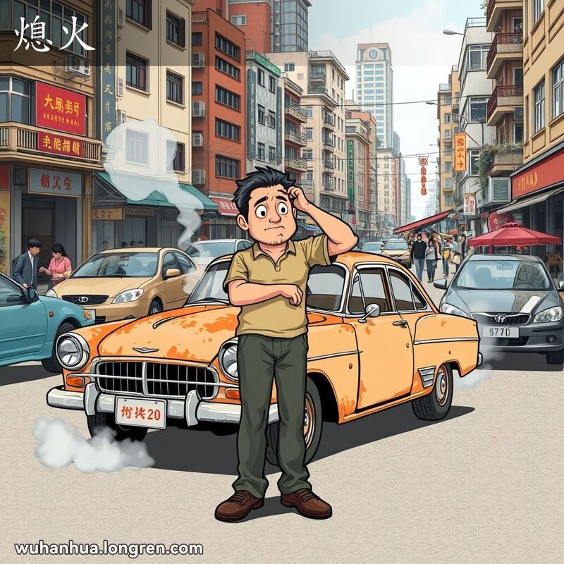 一位武汉男子站在冒烟的老旧汽车旁，车子熄火，男子露出沮丧和担忧的表情，背景是武汉的繁忙街道