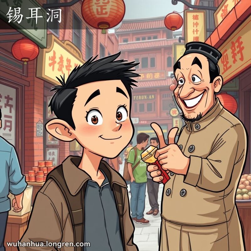 一位名叫小明的年轻人站在武汉街头市场，耳朵夸张，脸上带着轻信的表情，听着小贩推销可疑商品。