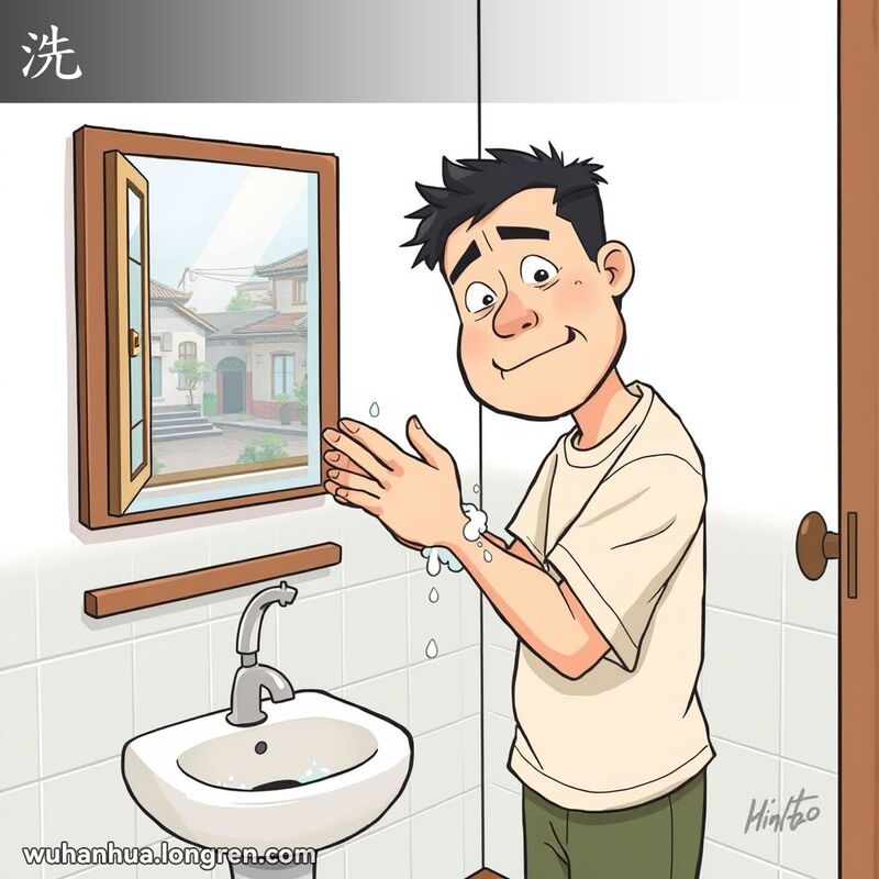 一位武汉男子在洗手池前认真洗手，背景是简单的洗手间和窗外的武汉街景