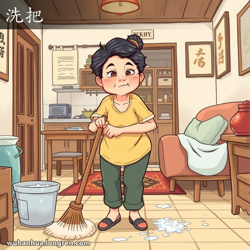 一位中年妇女在武汉传统家庭中用拖把擦地板，背景是家庭场景
