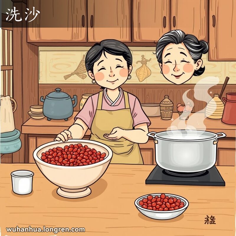 一位中年妇女在传统厨房中淘洗红小豆，背景是煮豆子的锅和厨房用具
