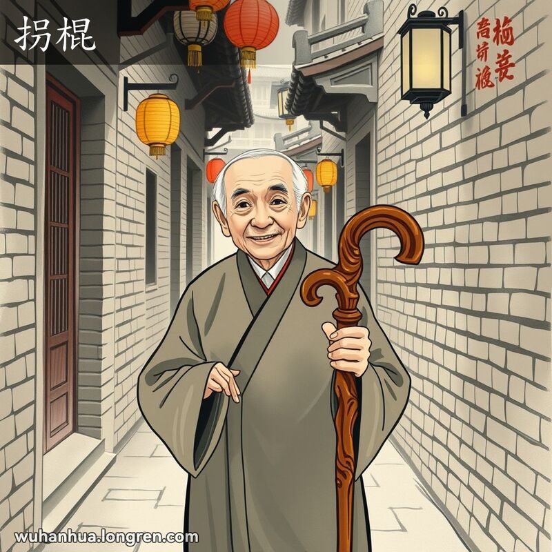 一位武汉老人手拄拐杖，走在幽静的小巷中，背景是古老的红砖墙和传统灯笼。