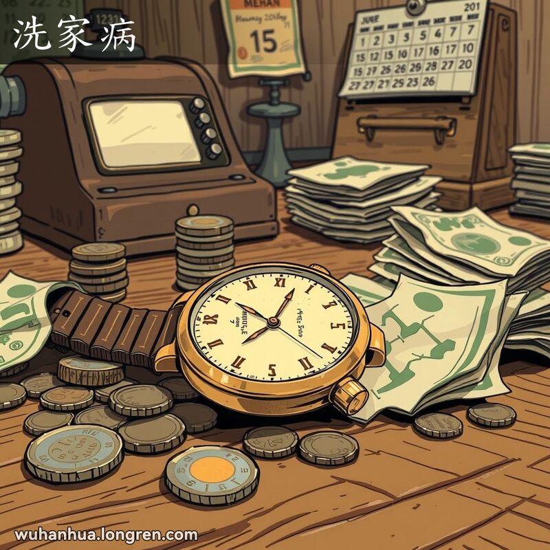 一只旧手表放在破旧木桌上，周围是旧硬币和皱巴巴的钞票，背景有老式收银机和旧日历，象征财务负担。