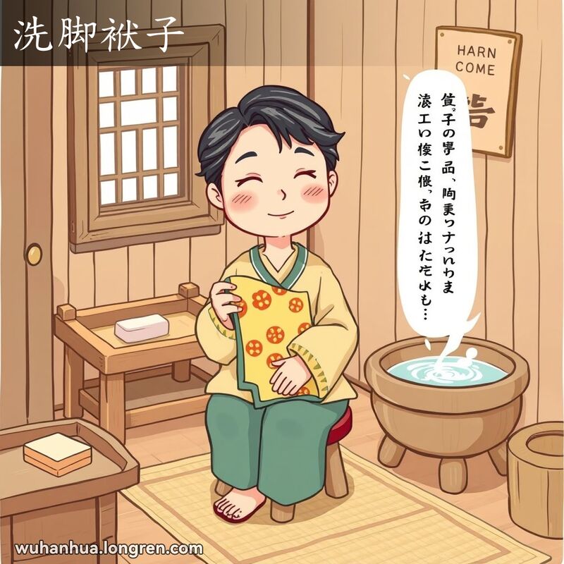 一位中年妇女坐在小凳子上，手里拿着洗脚毛巾，背景是温馨的武汉家庭场景