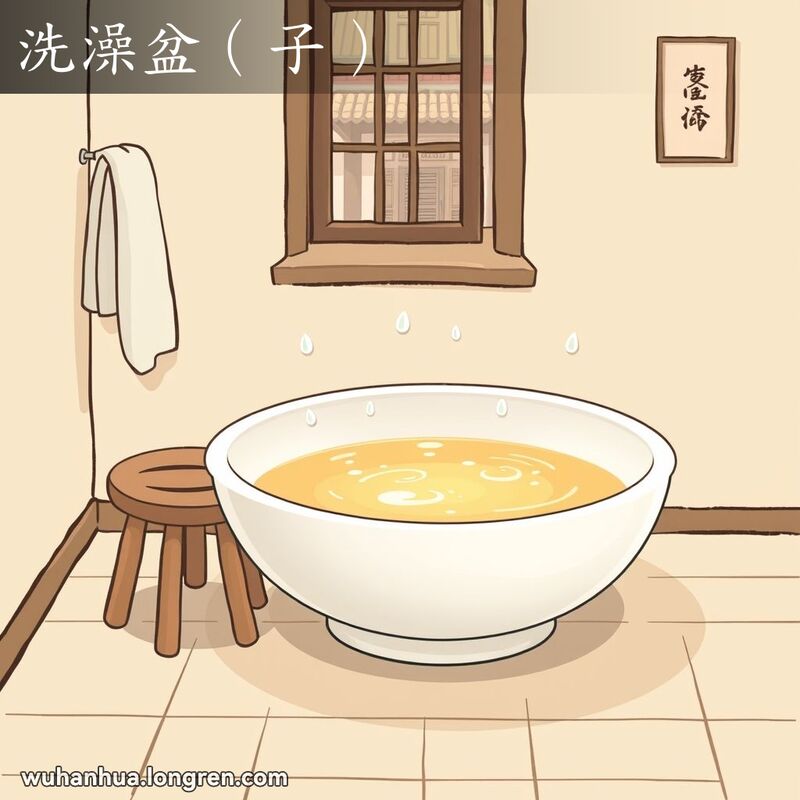一个传统武汉家庭的浴室场景，一个大大的白色搪瓷澡盆放在地上，盆中盛满温水，旁边有一张木凳和毛巾，背景是武汉小巷景象。