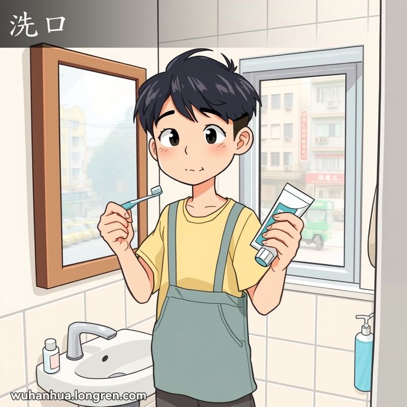 一位年轻人在洗手间里手持牙刷和牙膏，准备刷牙，背景是典型的中国家庭洗手间和武汉街景
