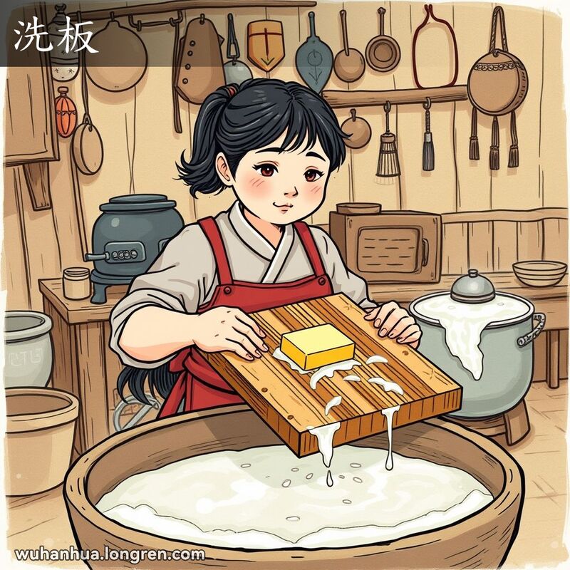 一位武汉妇女在乡村厨房中使用搓板洗衣服，背景是老式厨房。