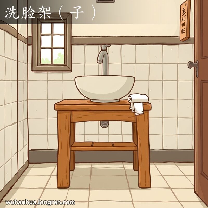 传统武汉家庭浴室中的木制洗脸架，上面放着陶瓷脸盆和毛巾，背景是老式瓷砖和小窗户