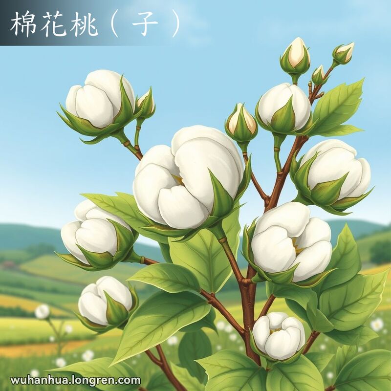 一株棉花植物的特写，展示了不同生长阶段的棉桃，背景是宁静的乡村景象。
