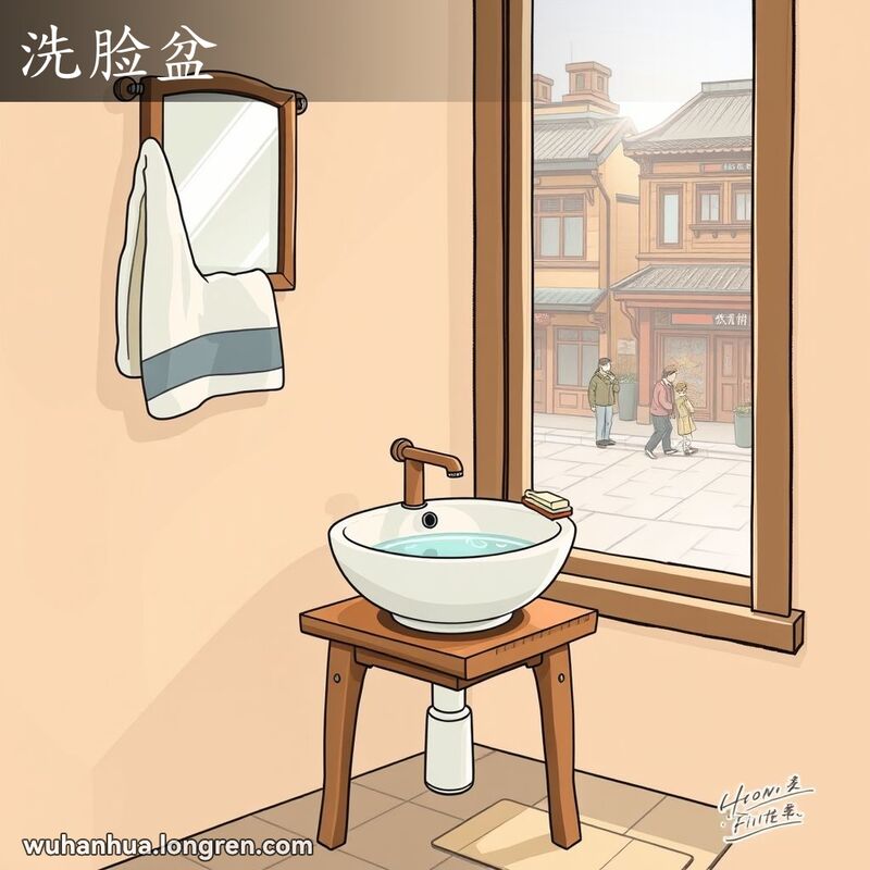 一个温馨的武汉家庭浴室，洗脸盆放在木质支架上，上方有镜子和毛巾架，背景是武汉街景