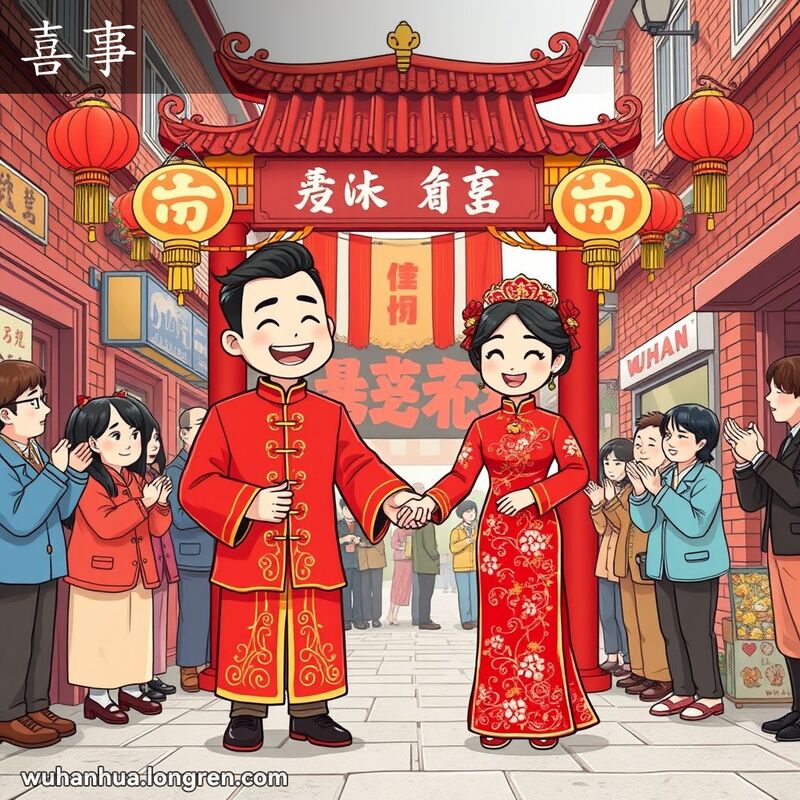 一对新婚夫妇在武汉老街景中举行婚礼，周围亲友欢呼鼓掌，背景是热闹的街头景象