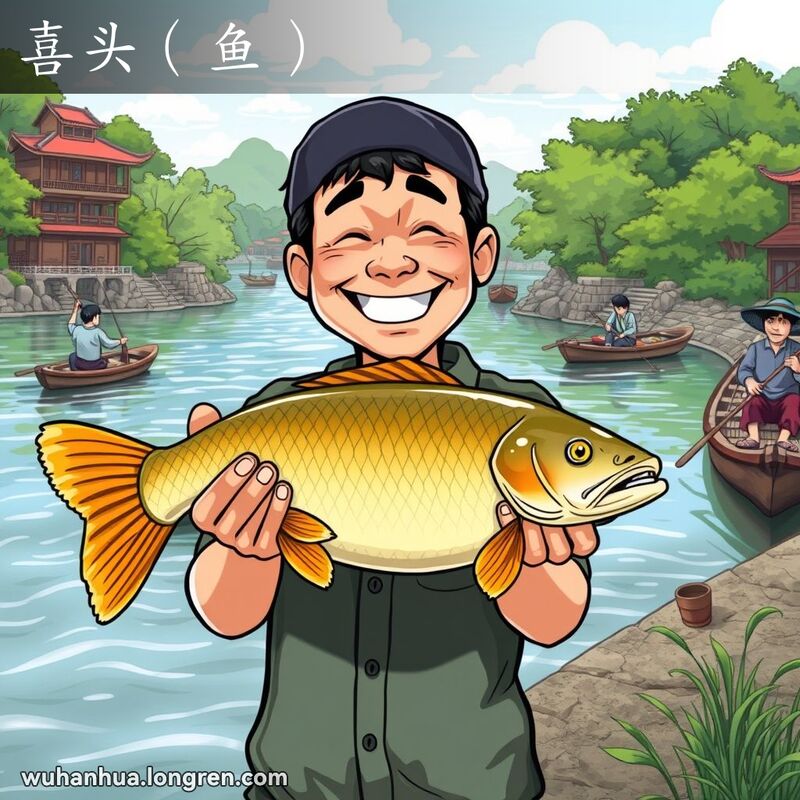 一位渔夫在武汉河岸边捕捞到鲫鱼，背景有传统木船和河流景色