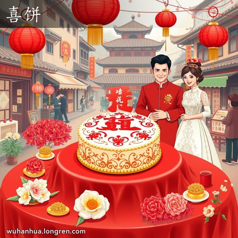 一场传统武汉婚礼，新人站在装饰有“囍”字的喜饼旁，背景是老街景象