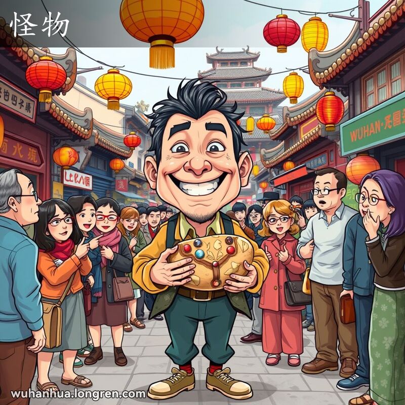 一位穿着奇装异服的男子站在武汉街头，手拿奇形怪状的物品，周围人们露出惊讶和困惑的表情，背景是武汉的传统建筑和街头小贩