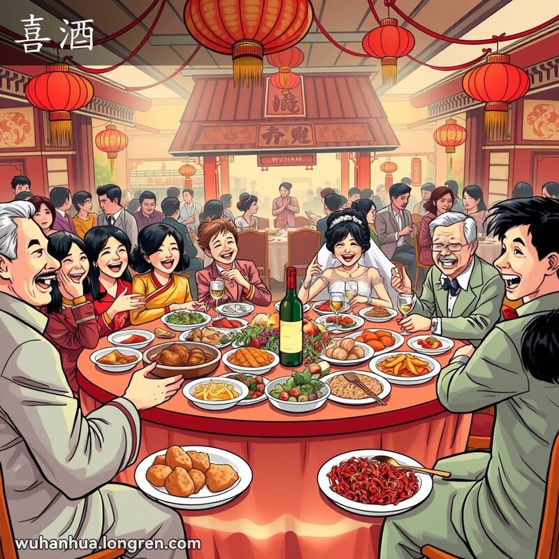 一场热闹的武汉传统婚宴，宾客们围坐在摆满美食的圆桌旁，新郎新娘笑容满面，背景是挂着红灯笼的餐厅。