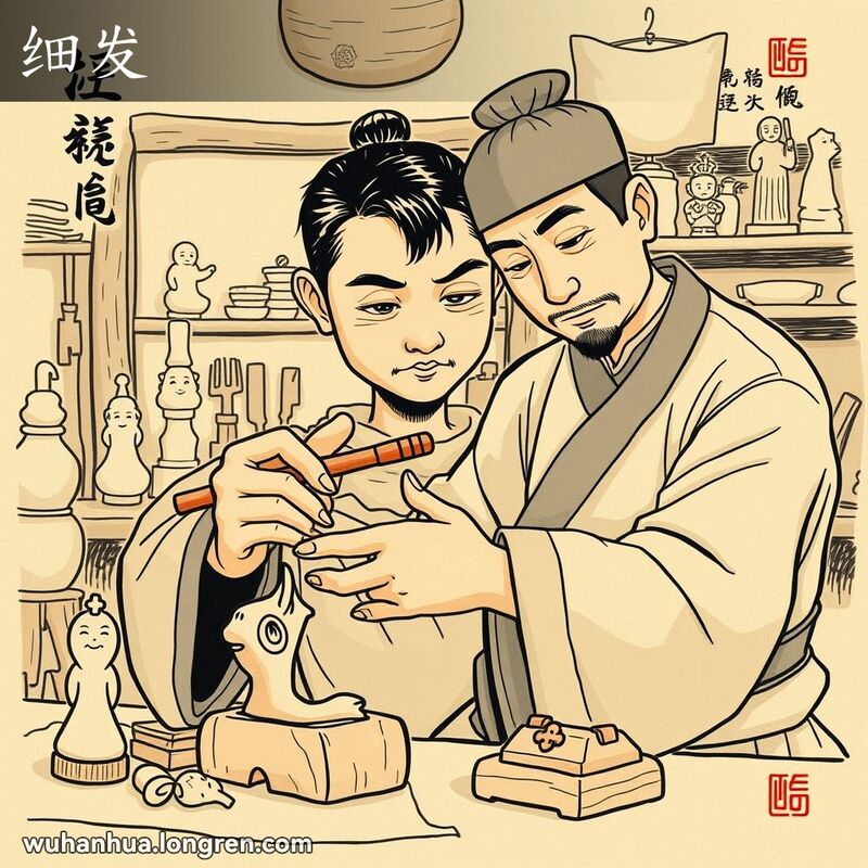 一位工匠在工作坊里专注地雕刻精致的木雕，背景有各种工具和未完成的作品