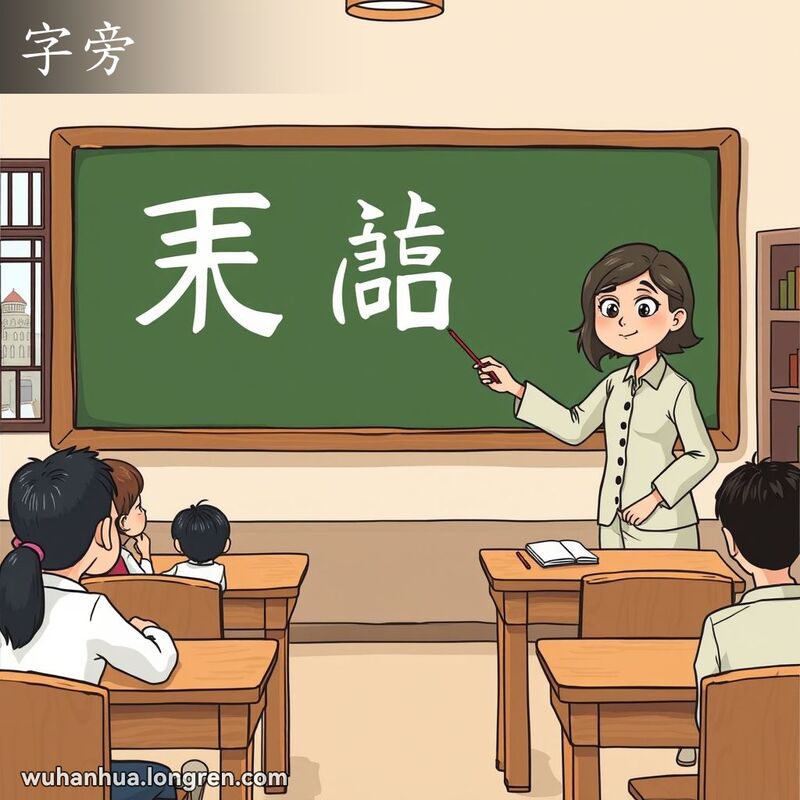 一位武汉老师在教室里向学生们讲解汉字的偏旁部首，背景是武汉的街景