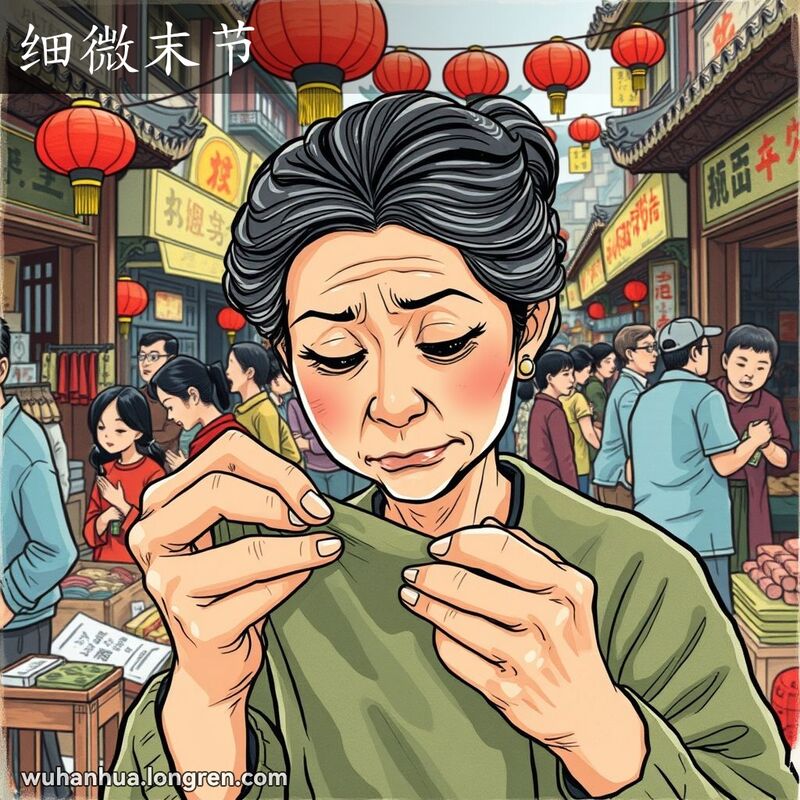 一位中年妇女在武汉传统市场仔细检查布料上的细微瑕疵，背景是热闹的市场场景