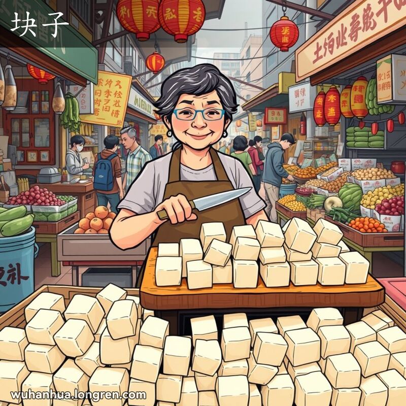 一位中年妇女在武汉街市的豆腐摊前，手持刀具，刚刚将豆腐切成整齐的块状，背景是热闹的市场场景。