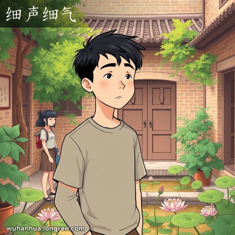 一位年轻男子在武汉庭院中轻声细语地与朋友交谈，背景有荷花池和木门