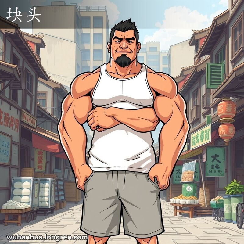 一位身材魁梧的男子自信地站在武汉街头，背景有豆腐摊和老建筑，展现“块头”的含义。