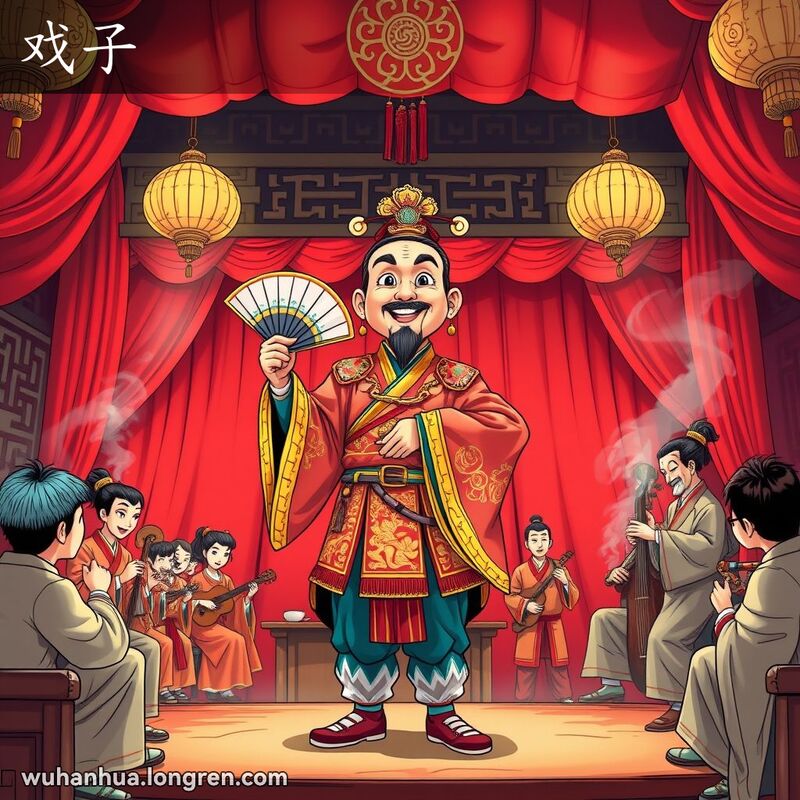 一位穿着华丽戏服的男性戏曲演员在传统舞台上表演，背景有其他演员和观众。