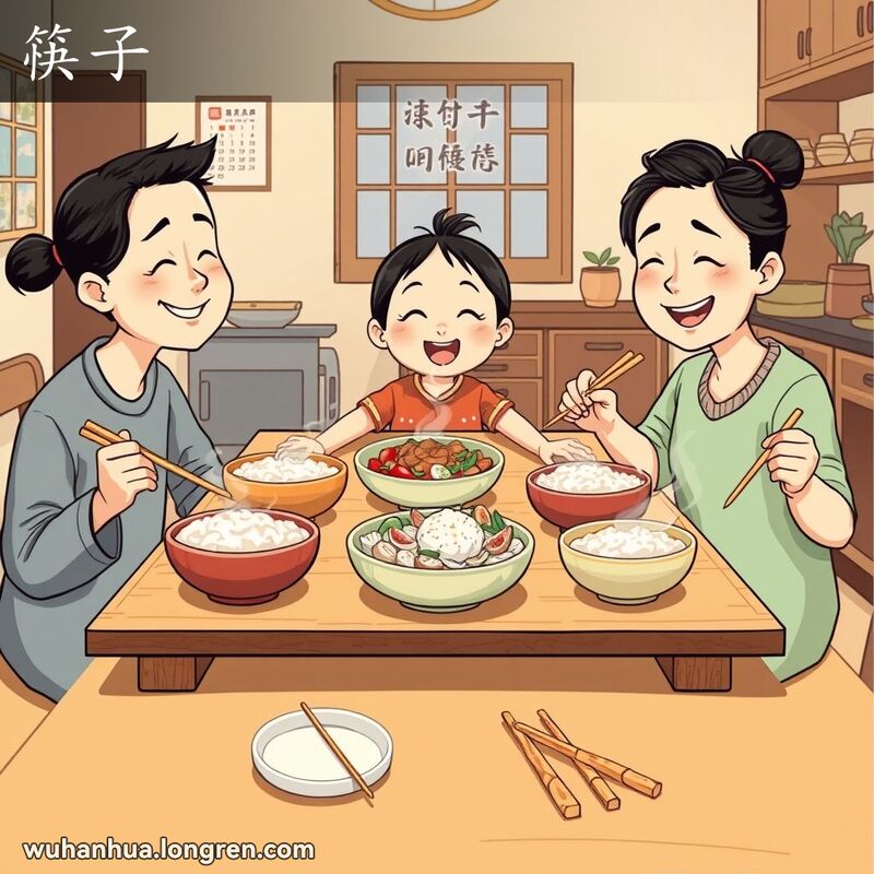 一家三口围坐在餐桌旁，准备用竹筷子享受美食，背景是温馨的武汉家庭场景