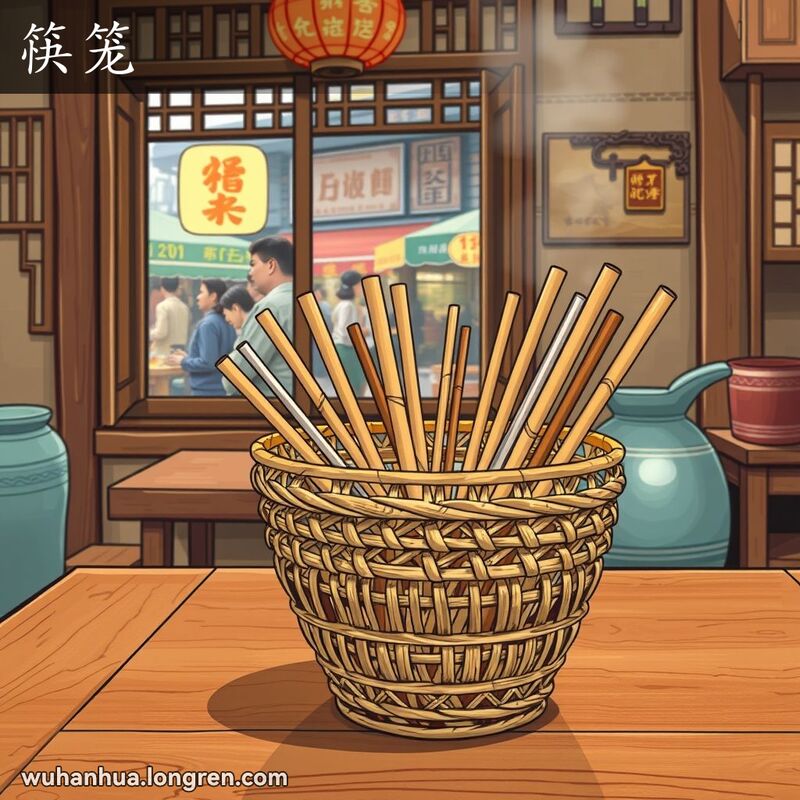 传统武汉厨房中的竹篓，里面整齐地放着竹制和塑料筷子，背景是热闹的街市