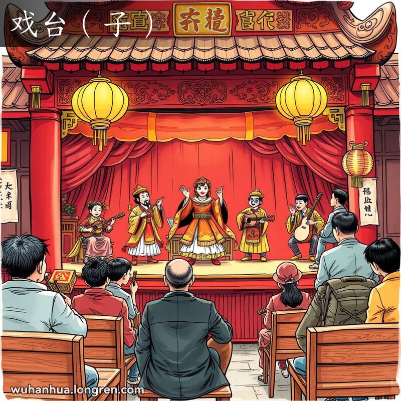 传统中国戏曲舞台，演员表演，观众热情观看，武汉老街区背景