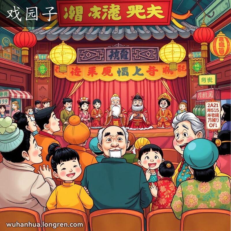 一个热闹的传统中国戏院场景，观众和演员都穿着传统服饰，背景是繁忙的市场。