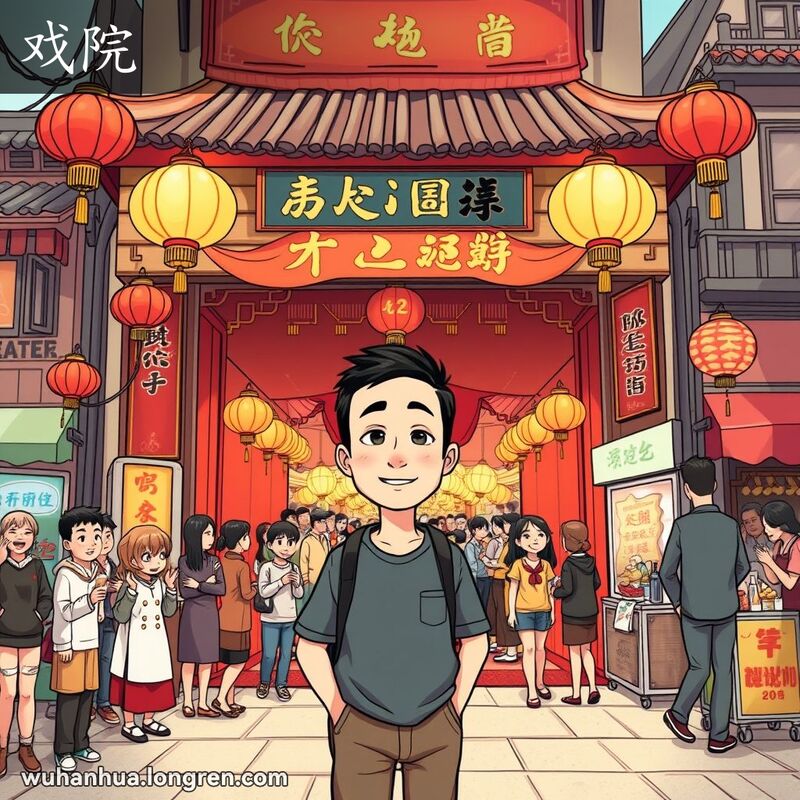 一座武汉老剧院，入口处装饰着红灯笼和彩旗，剧院内人头攒动，背景是武汉老街景