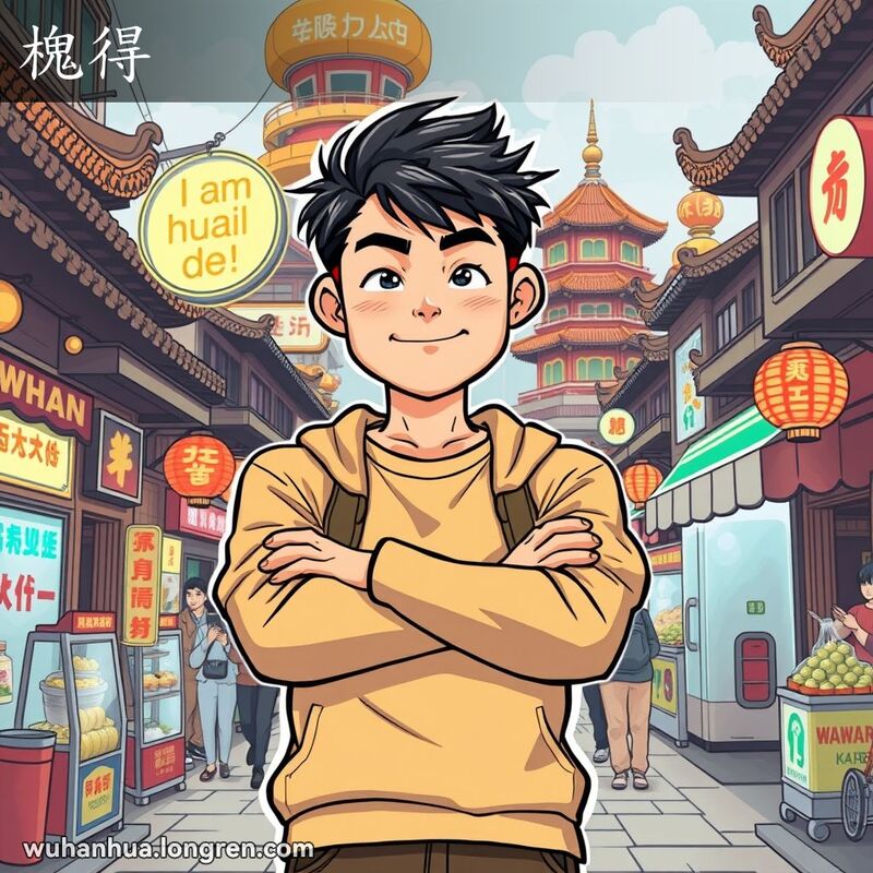 一位年轻的武汉男子自信地站立，背景是武汉街景和标志性建筑，表现“槐得”的自信和能干