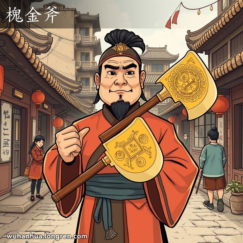 一位身穿传统服饰的武汉男子手持金色斧头，背景是老武汉街道和居民，画面风格融合漫画和传统中国艺术