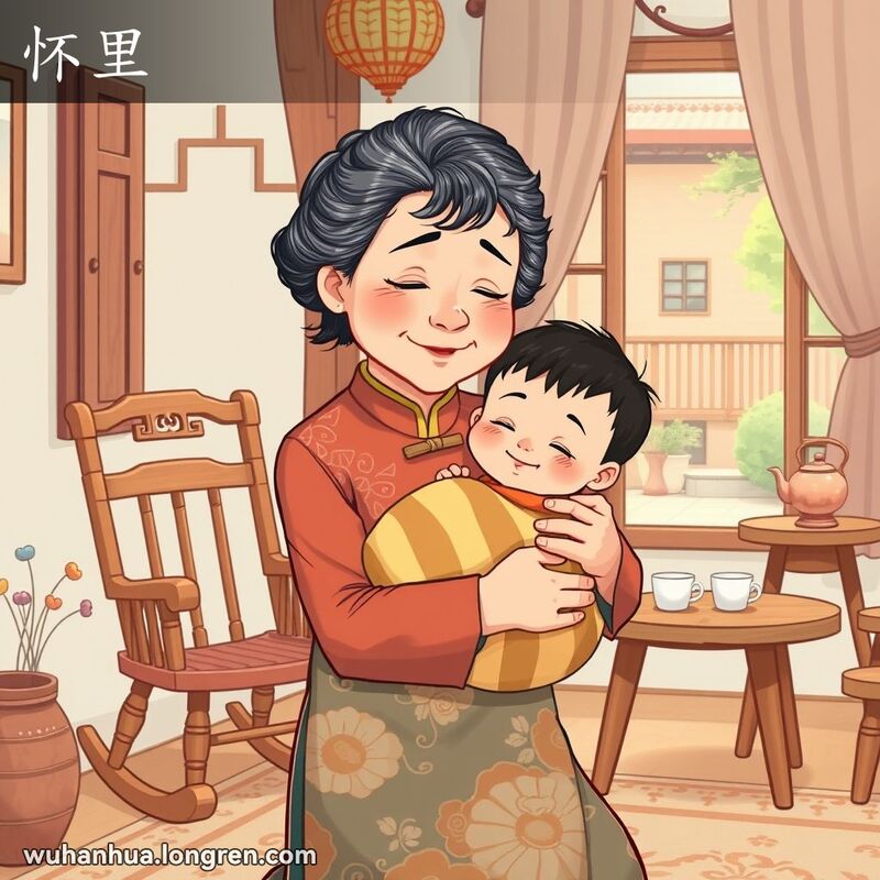 一位武汉奶奶在家中抱着小孩，脸上带着爱意，背景是传统中式家具和宁静的庭院