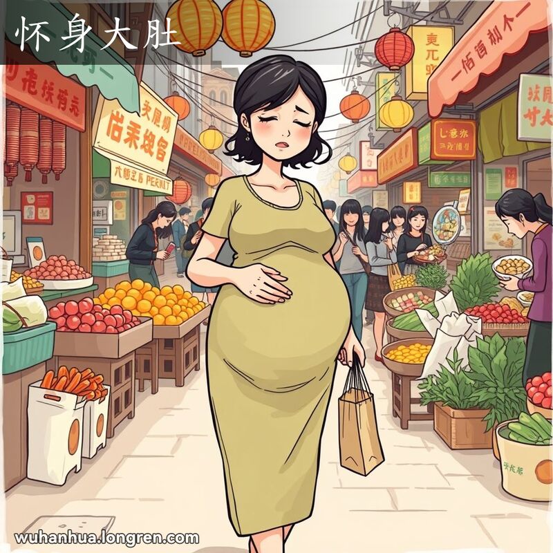 一位孕妇在武汉街头市场中小心走动，背景是热闹的小贩和市民