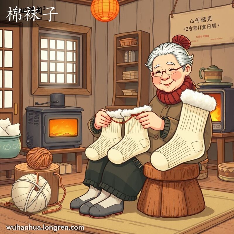 一位奶奶在温馨的武汉老家庭中织棉袜子，旁边有毛线和已完成的袜子，房间有木质家具和小煤炉。