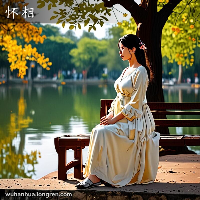 一位武汉孕妇坐在公园长椅上，手轻抚腹部，面带宁静满足的表情，背景是绿树成荫的公园和宁静的湖泊