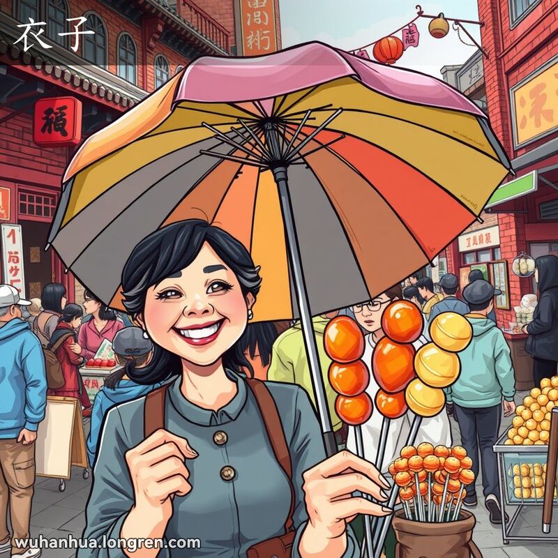 武汉街头市场，一位妇女手持带有鲜艳伞衣的雨伞，背景有卖糖葫芦的摊贩，突显伞衣和糖衣。