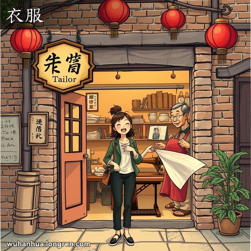 一位年轻女子在武汉老街的裁缝店前手持布料，脸上露出兴奋的表情，准备做新衣服。