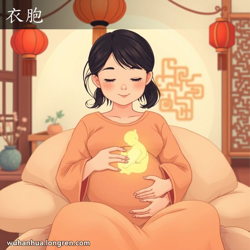 一位孕妇在传统中式家庭环境中温馨地坐着，轻抚腹部，腹部隐约可见被胎盘包裹的婴儿轮廓，背景有红灯笼和木雕。