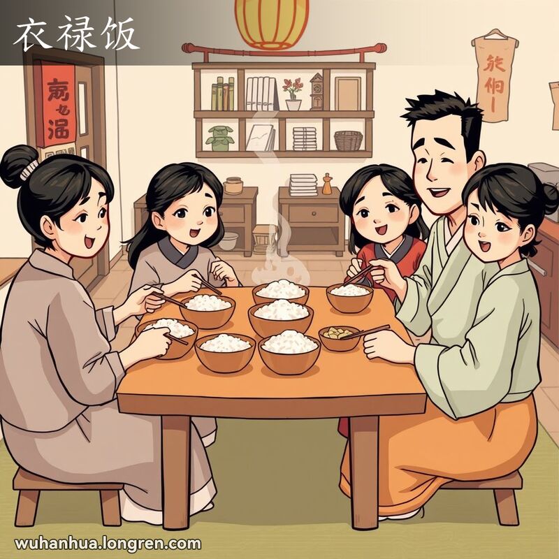 一个武汉家庭围坐在桌子旁，享受简单的饭菜，背景是一个典型的武汉家庭