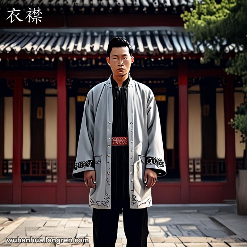 一位穿着传统中式外套的男子在庭院中折叠衣襟，背景有红灯笼和石径