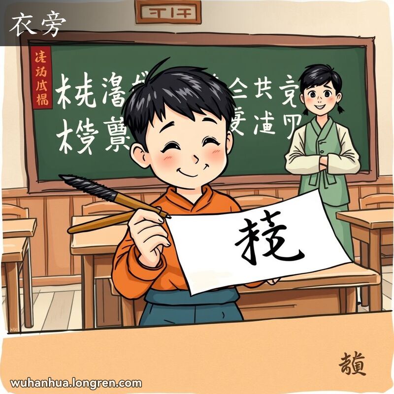 一位年轻学生在传统教室中用毛笔练习书写带有“衣”字旁的汉字，老师在一旁骄傲地看着。