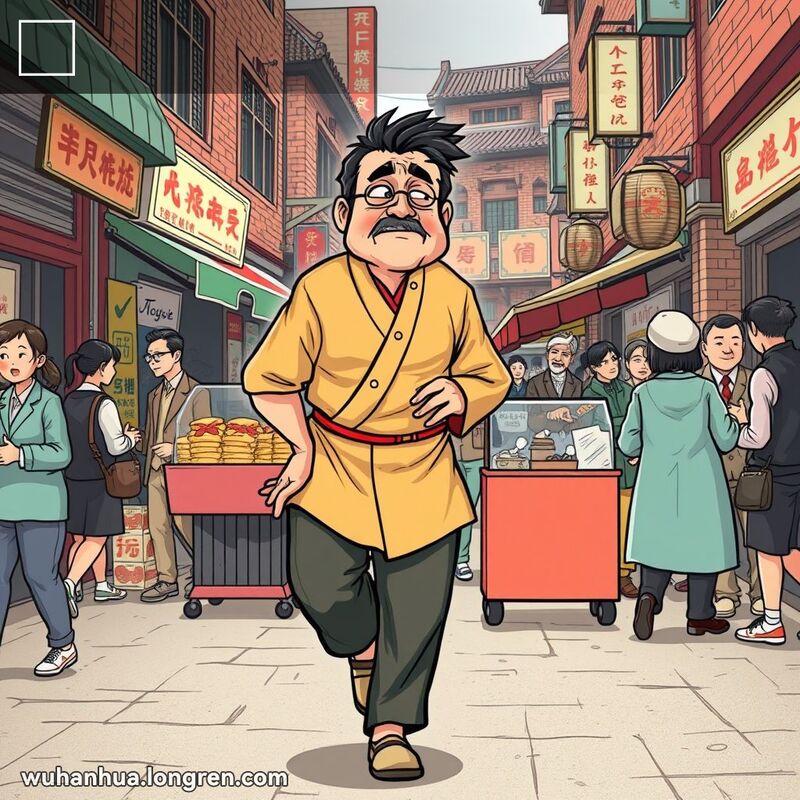 一位武汉男子在街头市场中行走，一瘸一拐，表明他崴了脚，背景是武汉老街景