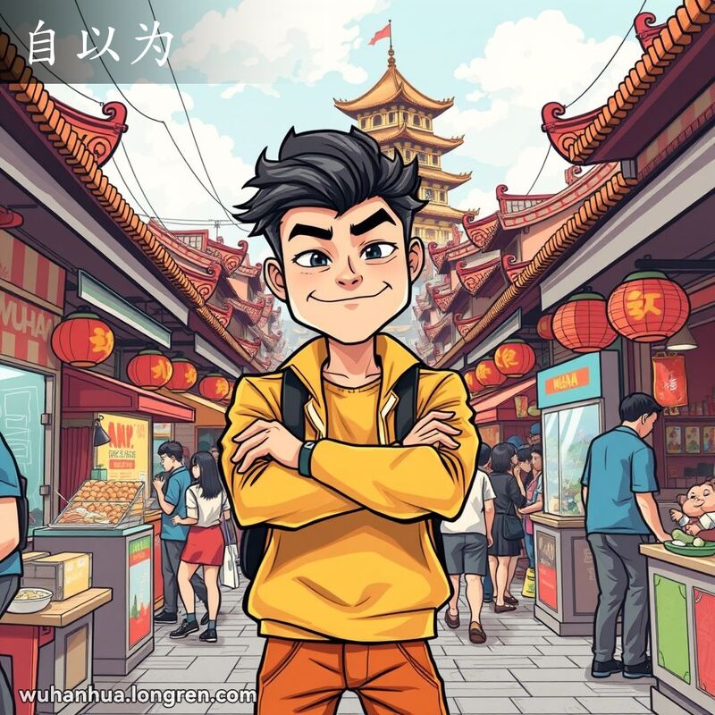一位年轻男子在武汉街市中，脸上带着自以为是的表情，背景是黄鹤楼和热闹的街市