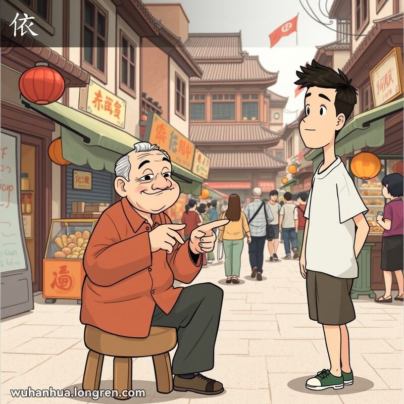 一位老人在武汉街道上给年轻人建议，年轻人点头表示同意，背景是热闹的街市